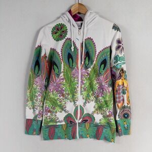 Desigual Hoodie Womens Sz Medium Colorful Peacock Feather Paisley Print Full Zip